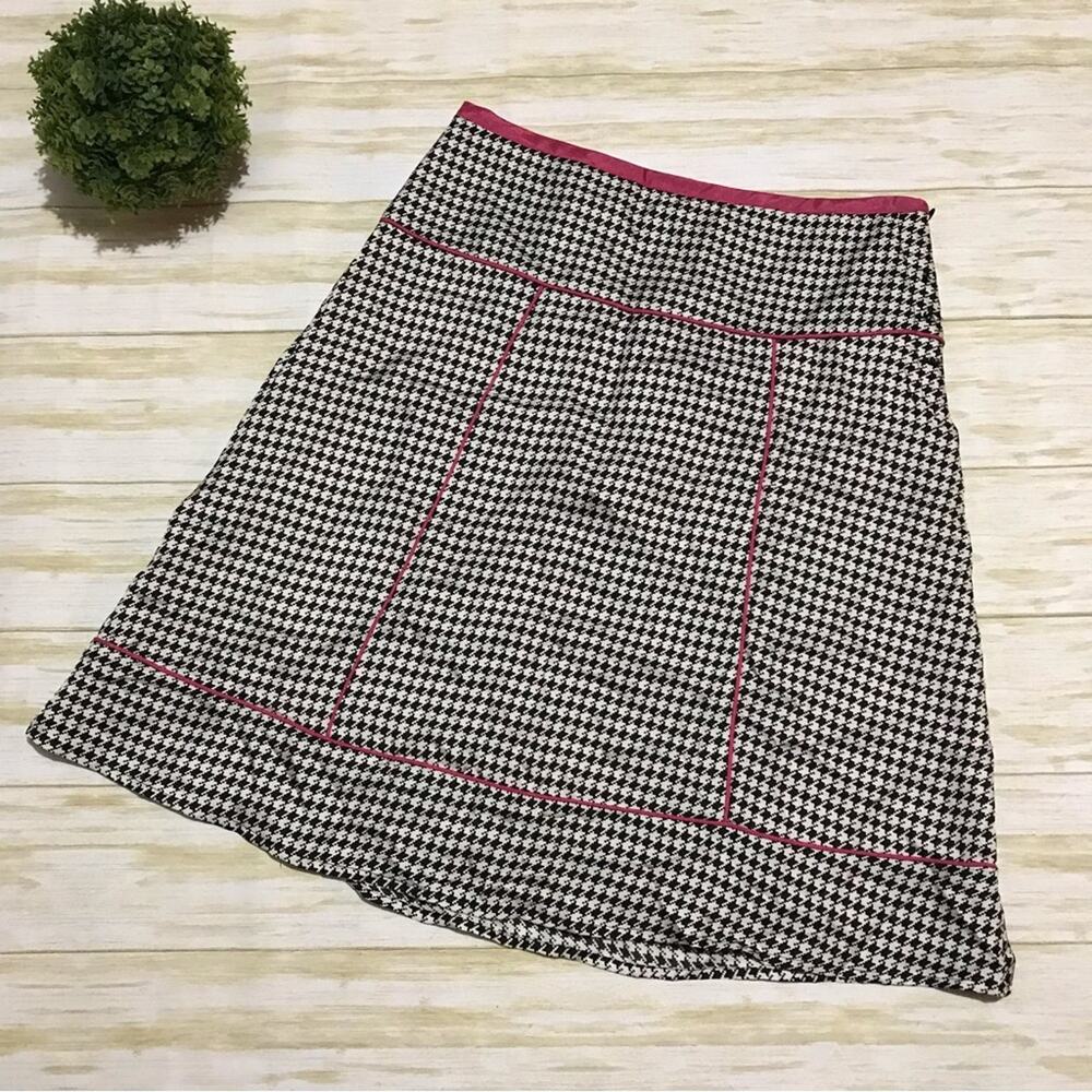 Amorose 100% Silk Black White Houndstooth Pink Knee Length A Line Skirt 4 Petite